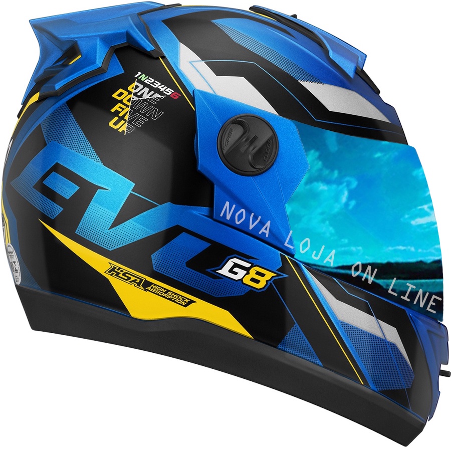 Capacete G8 Pro Tork Fechado Azul e Amarelo com Viseira Iridium Espelhada Azul