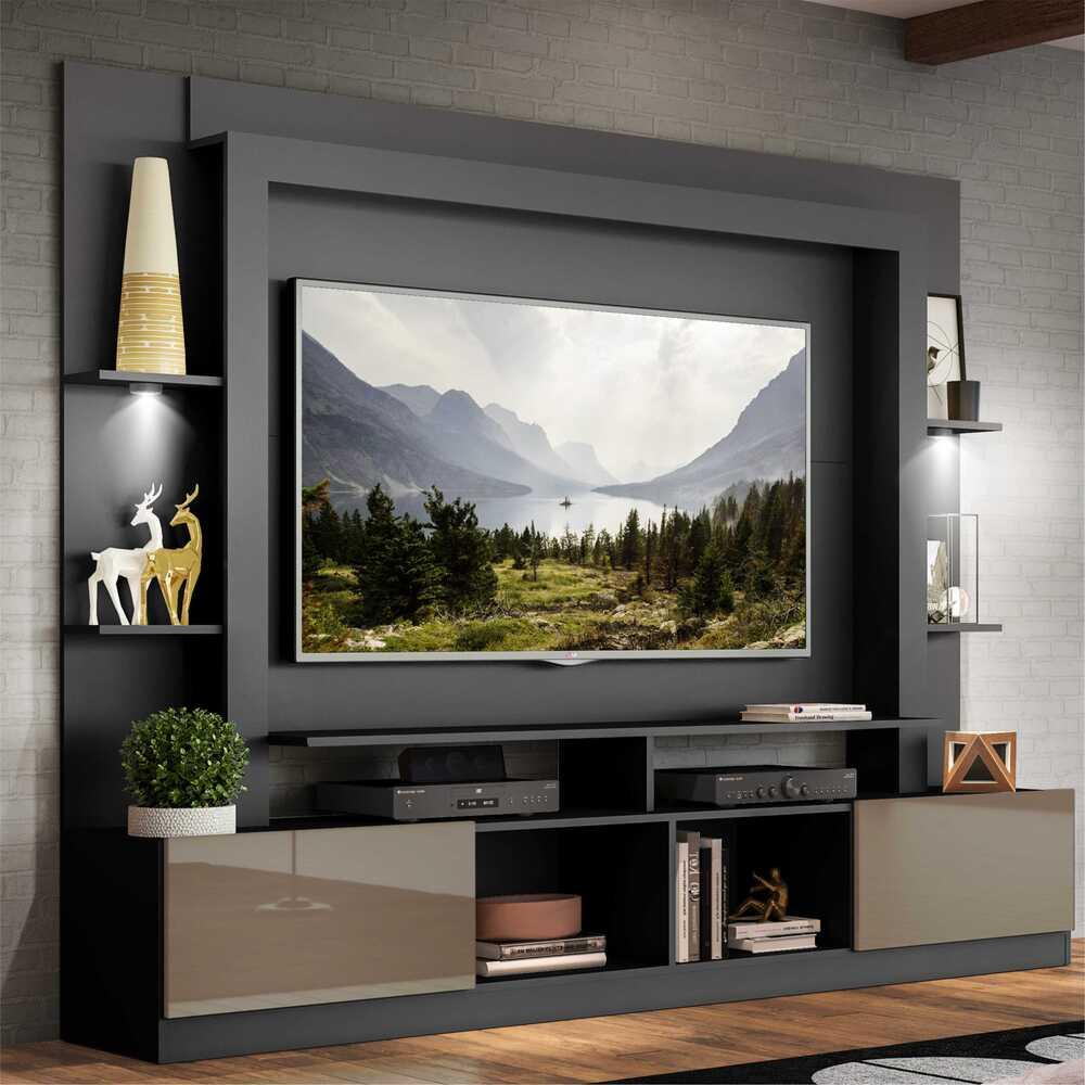 Rack Estante c/ Suporte TV 65" e Leds Berlim Multimóveis Preto/Lacca Fumê - Home & Living