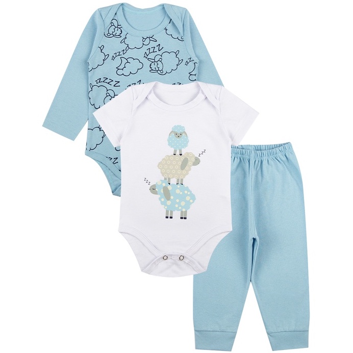 Kit Roupa De Bebe 3 Peças Body Manga Longa e Curta e Calça Algodão Menino
