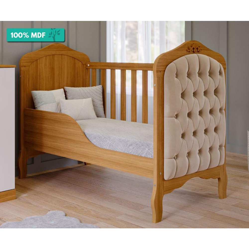 Berço Mini Cama 100 % MDF Com Capitone Harmonia Permobili Nature/Branco
