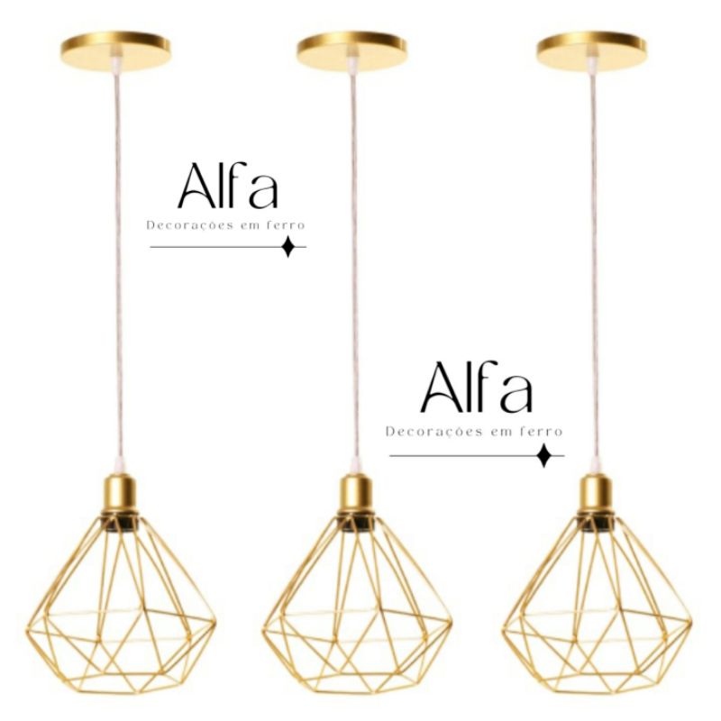 kit 3 Pendente Diamante Aramado Dourado Cabo Cristal