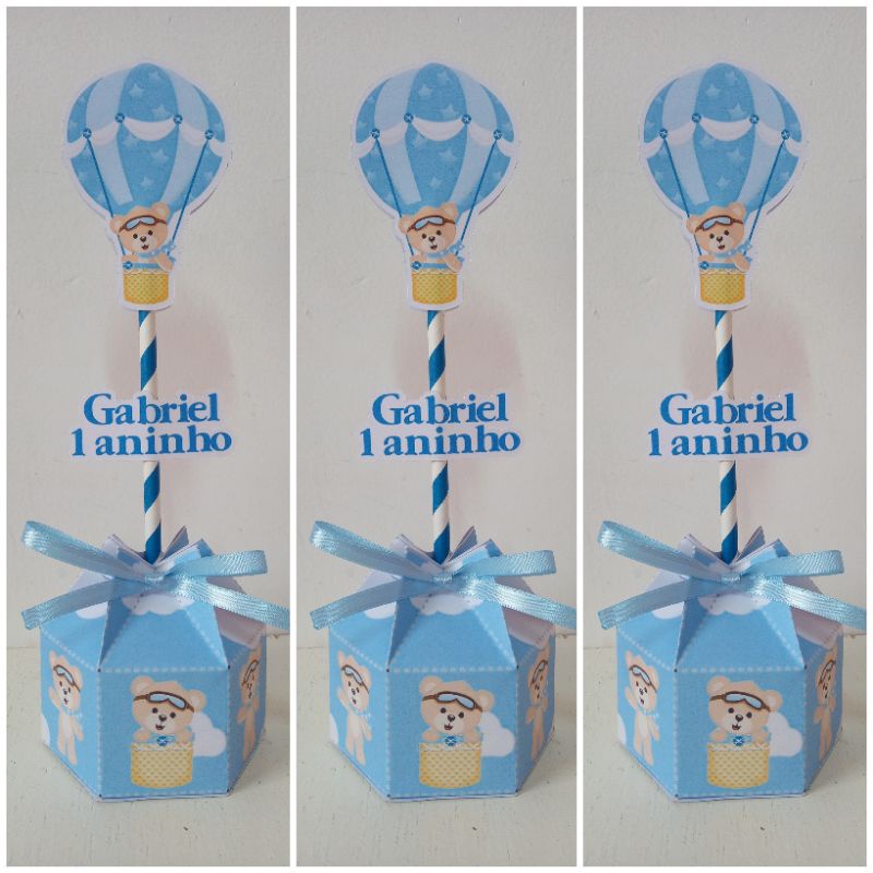 Kit Centro de mesa personalizado, 10 ou 15 unidades, Ursinho baloeiro