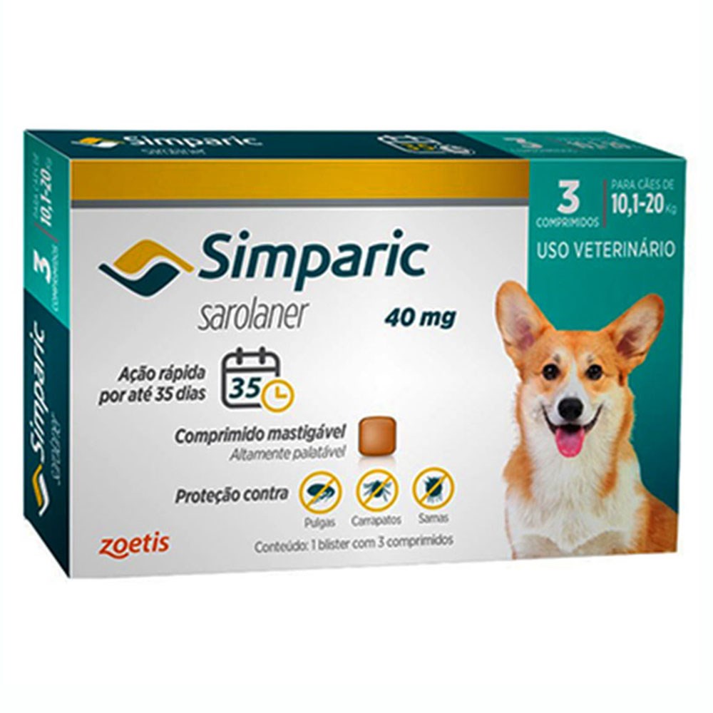 Imagem Simparic Antipulgas e Carrapatos Caes 10,1 a 20 Kg c/3 Comprimidos