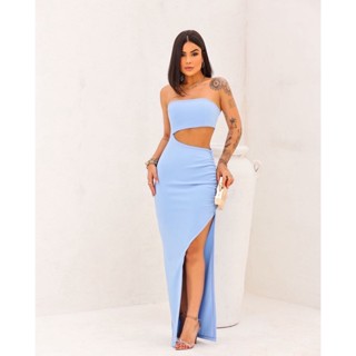 Vestido longo colado com fenda tomara que caia abertura lateral elegante festas