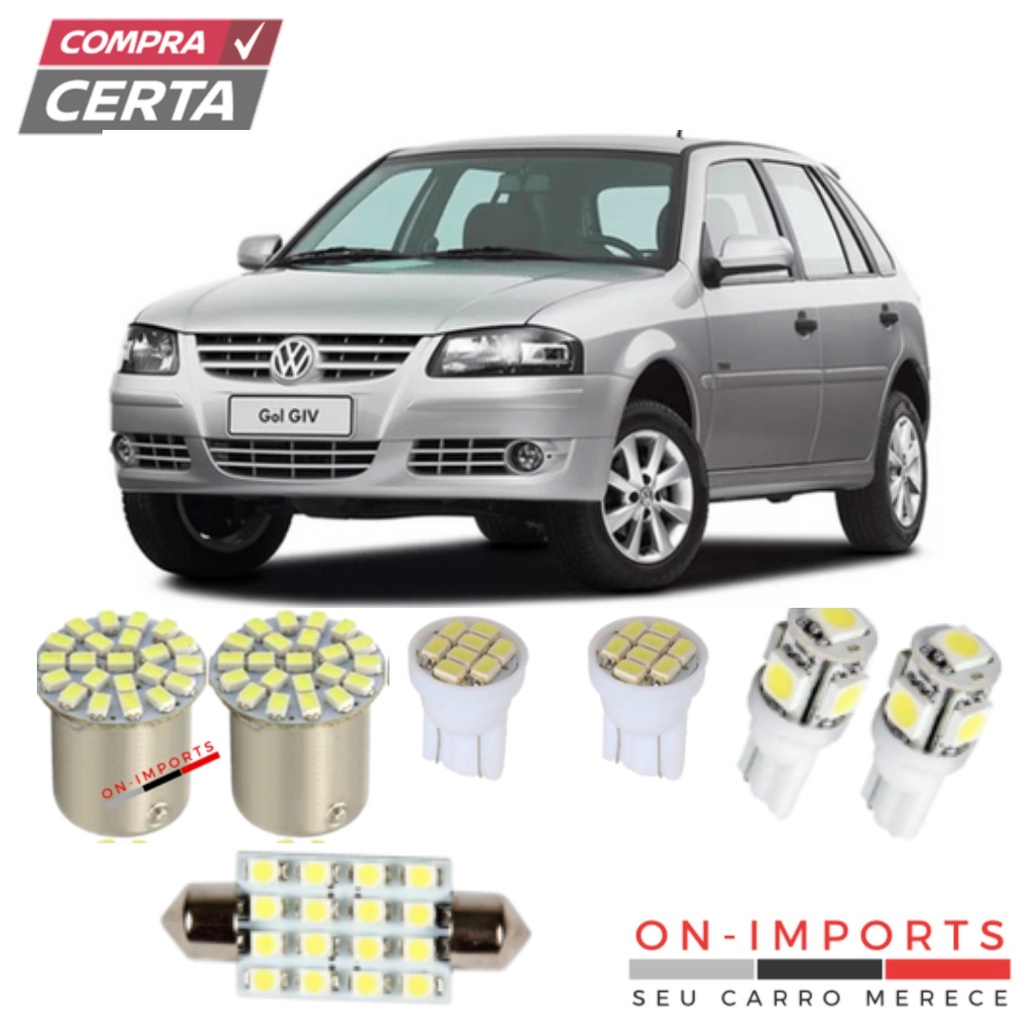 CONJUNTO LED PREMIUM VW GOL BOLA G4 LÂMPADAS RÉ PLACA TETO FAROL FAROLETE MEIA LUZ ESTACIONAMENTO T10 TORPEDO PINGO POLO