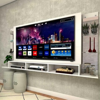 Painel TV 65" c/ Espelho e Prateleiras de Vidro Nairóbi Plus Multimóveis Branco