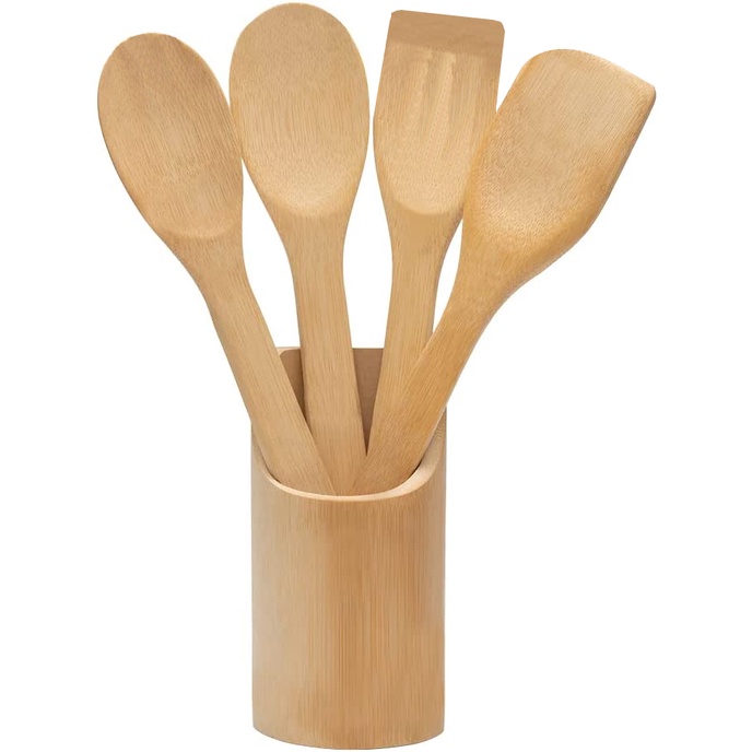 Kit Colher De Pau Utensílios Em Bambu 5 Peças com Suporte em Oferta na Shopee