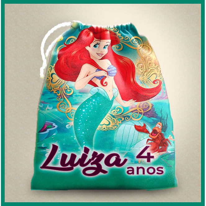 10 sacolinhas personalizada tecido PRINCESA ARIEL lembrancinha de festa de aniversario 30cmx20cm