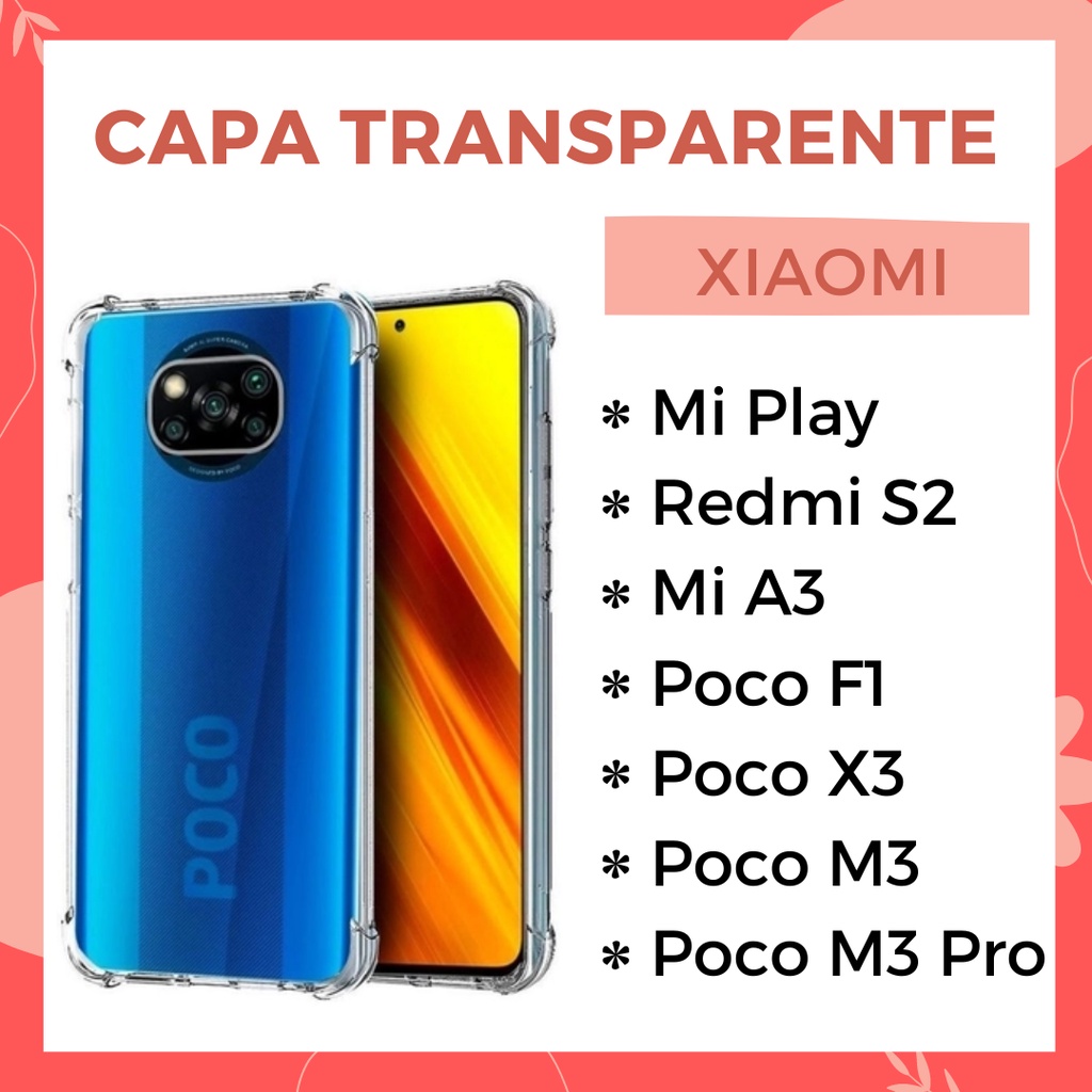 Capinha Transparente Anti Impacto Xiaomi Mi Play/ Redmi S2/ Mi A3/ Poco F1/ Poco X3/ Poco M3/ Poco M3 Pro Capa case antiqueda para celular (CF09).