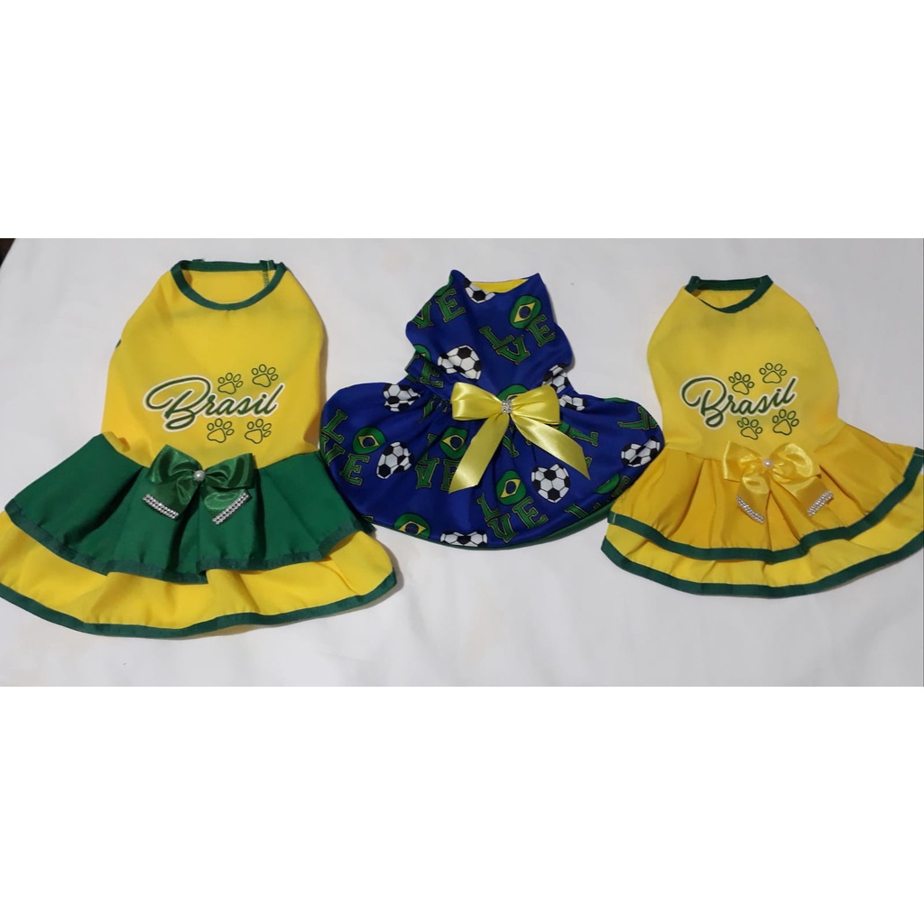 Vestido, Vestidinho, Roupinha do Brasil para cachorro gato pet, verde amarelo e azul com lacinho time camiseta brasil cachorros pequenos e médios.