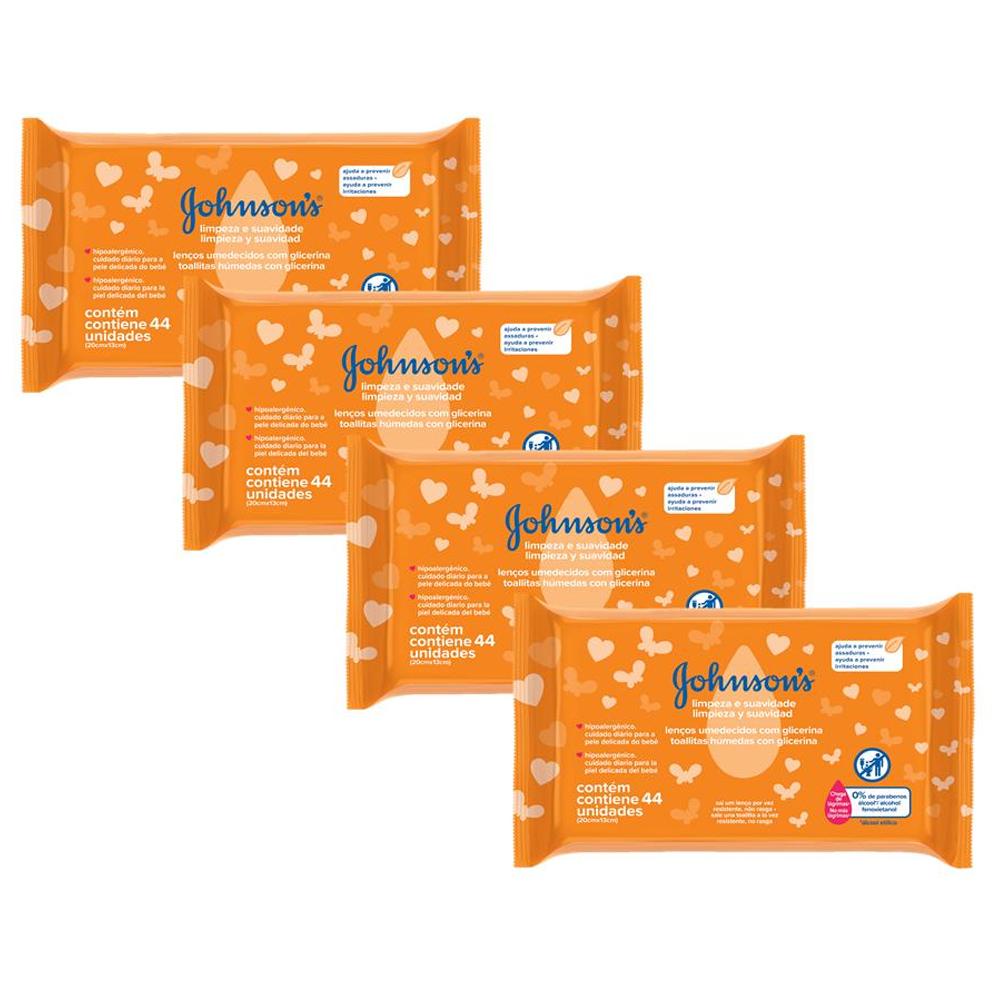Kit com 4 Johnson's Baby Lenços Umedecidos Limpeza e Suavidade 176 unidades em Oferta na Shopee