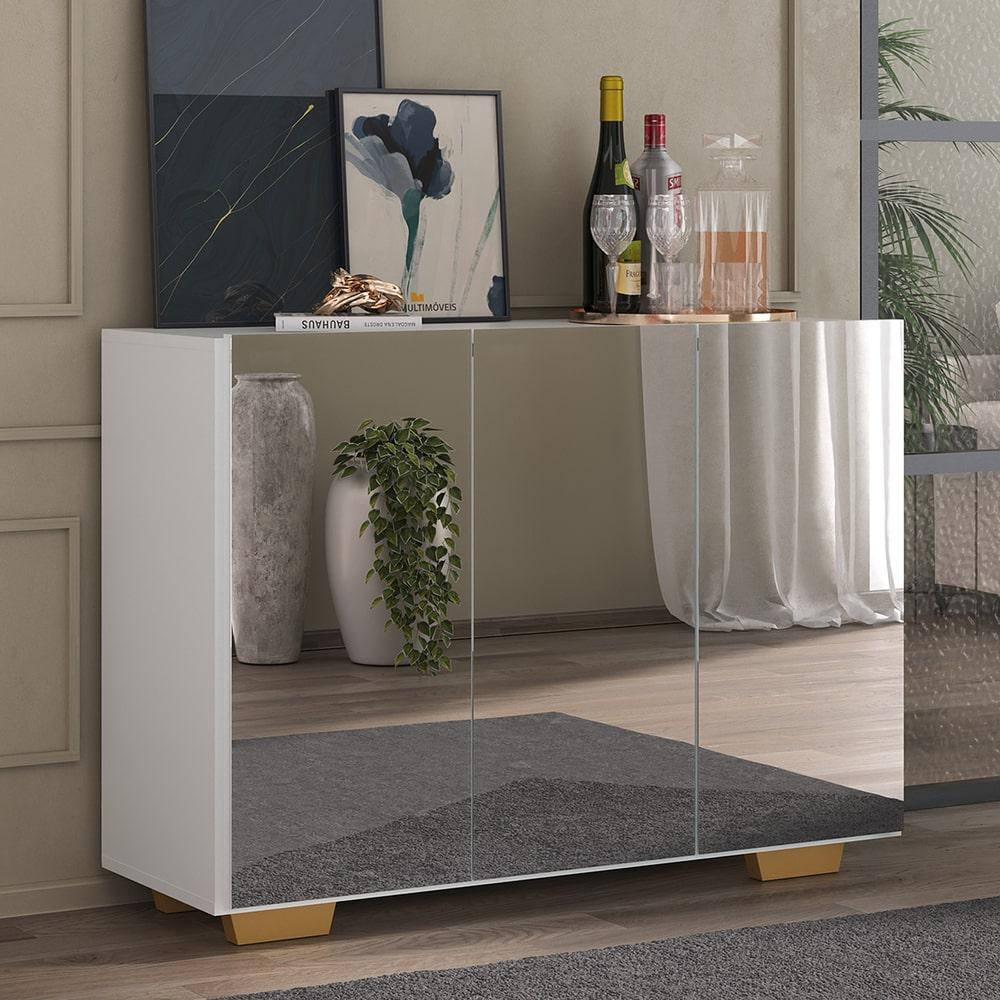 Aparador Buffet 3 Portas com Espelho e Pés Quadrados Vegas Multimóveis MP1014 Branco/Natural em Oferta na Shopee