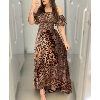 Vestido Feminino Com Estampa De Borboleta E Leopardo Ombro Manga Folha De Lótus Saia Longa em Oferta na Shopee