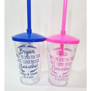 Copos Twister Shake C/ Tampa E Canudo Personalizado para Casamento Kit com 5 unidades
