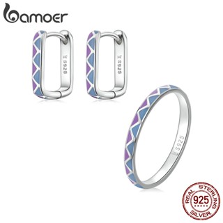 Bamoer 925 Sterling Silver Jewelry Set Brincos E Anéis Padrão Geométrico Azul Para Meninas Presentes