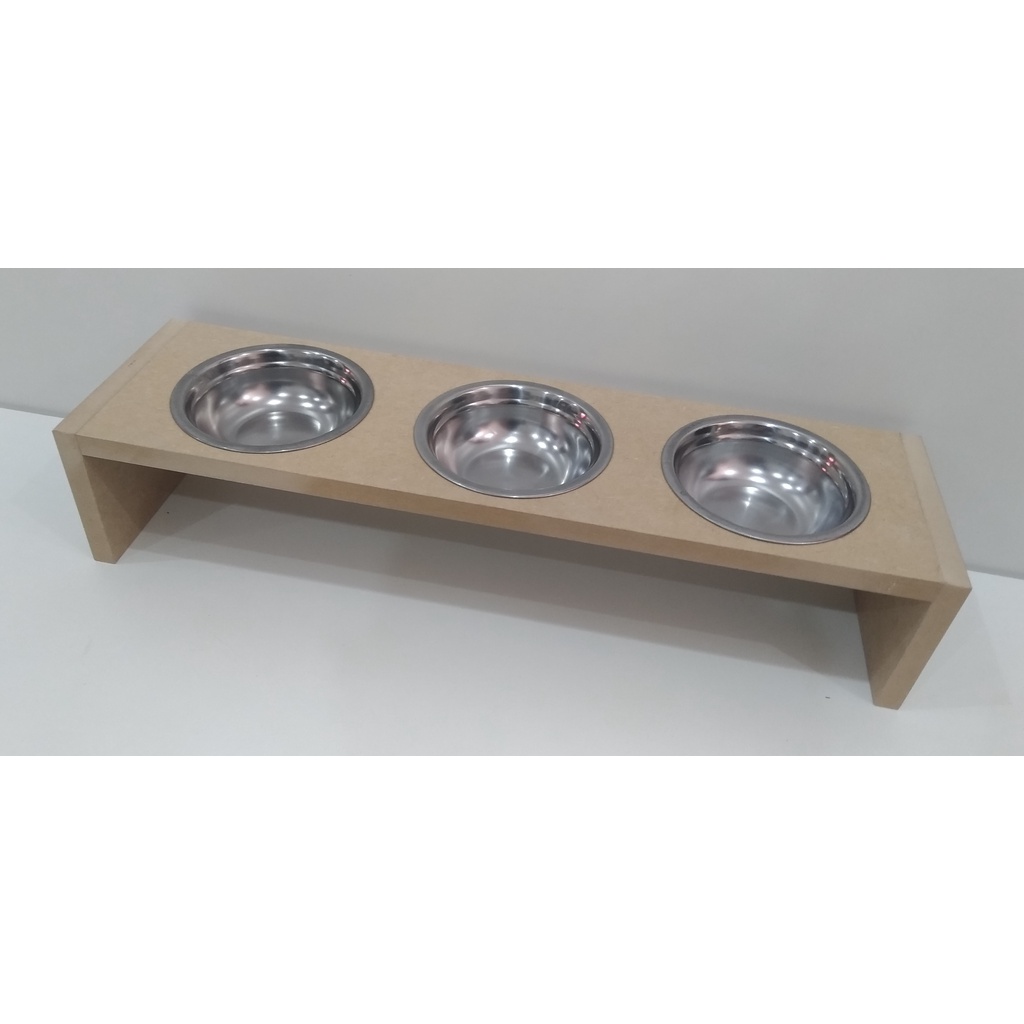 Comedouro triplo em MDF Cru para gatos