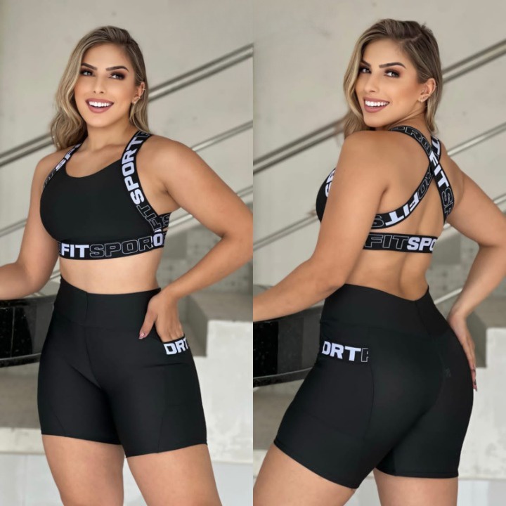 Roupa de Academia Fitness Conjunto de Ginástica Short + Top Feminina com Bolso