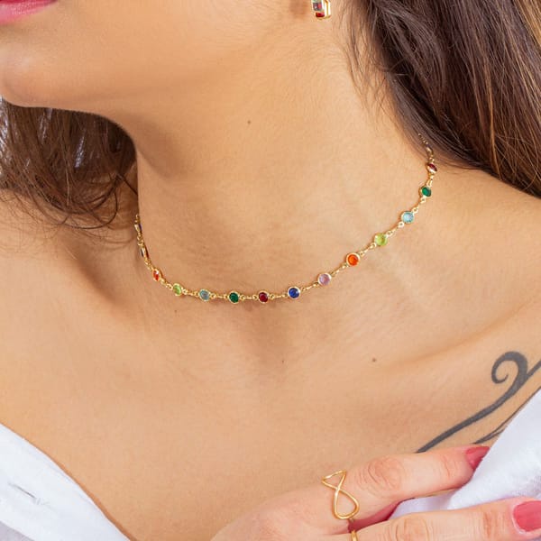 Colar Choker Com Pedras Coloridos Banhado a Ouro 18k ou a Prata 925