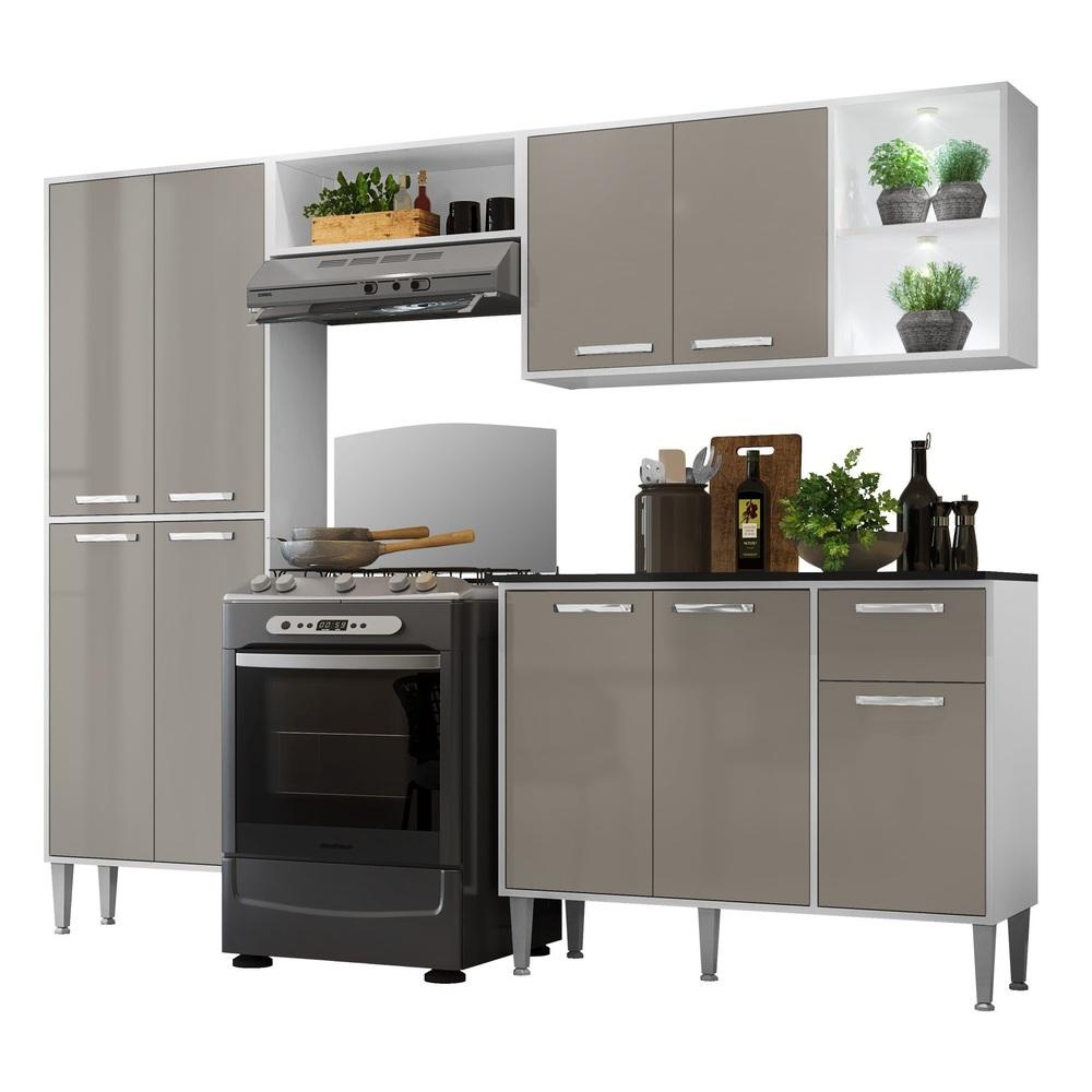 Cozinha Completa Compacta c/ 2 Leds, Armário e Balcão c/ Tampo 4 pçs Xangai Multimóveis Bca/Lca Fumê
