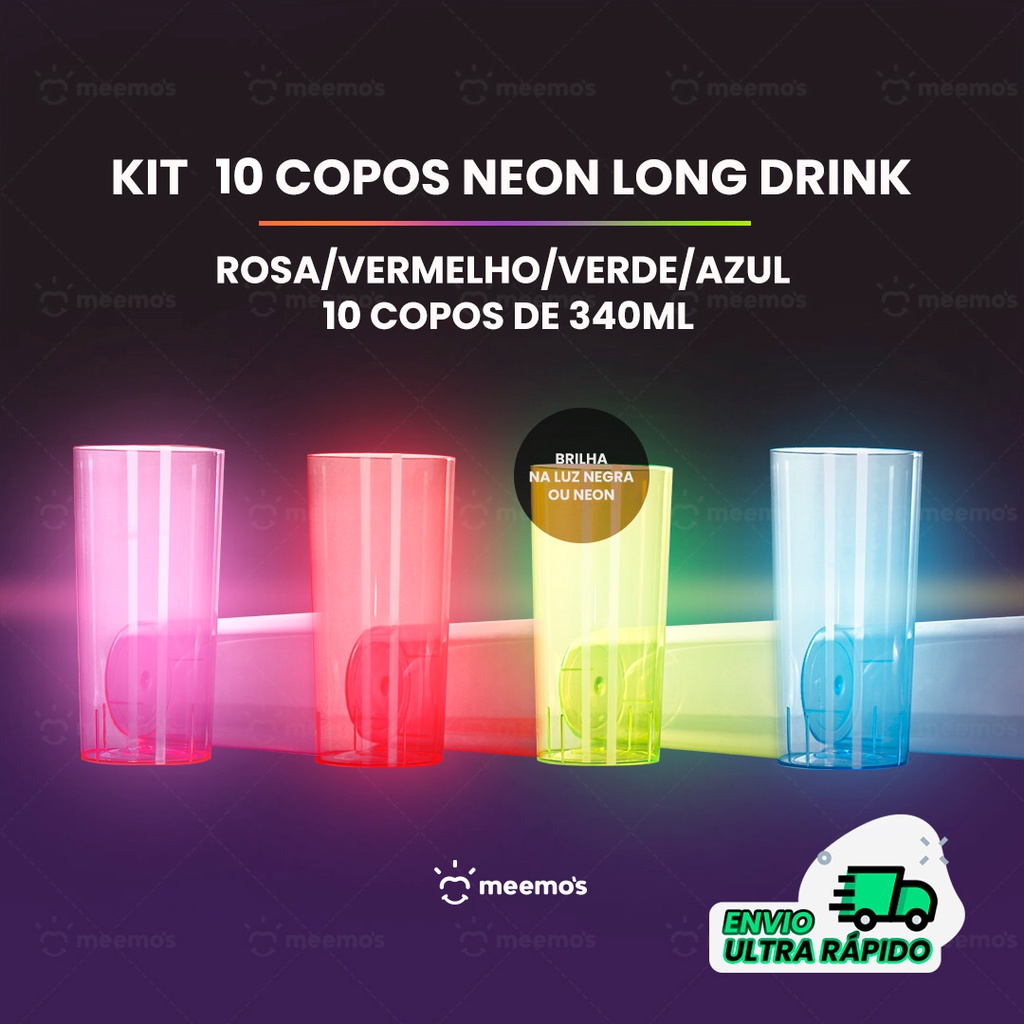 Kit Com 10 Copos Acrilicos Neon Long Drink 340ml Para Festas E Eventos Strawplast Brilha Na 8871