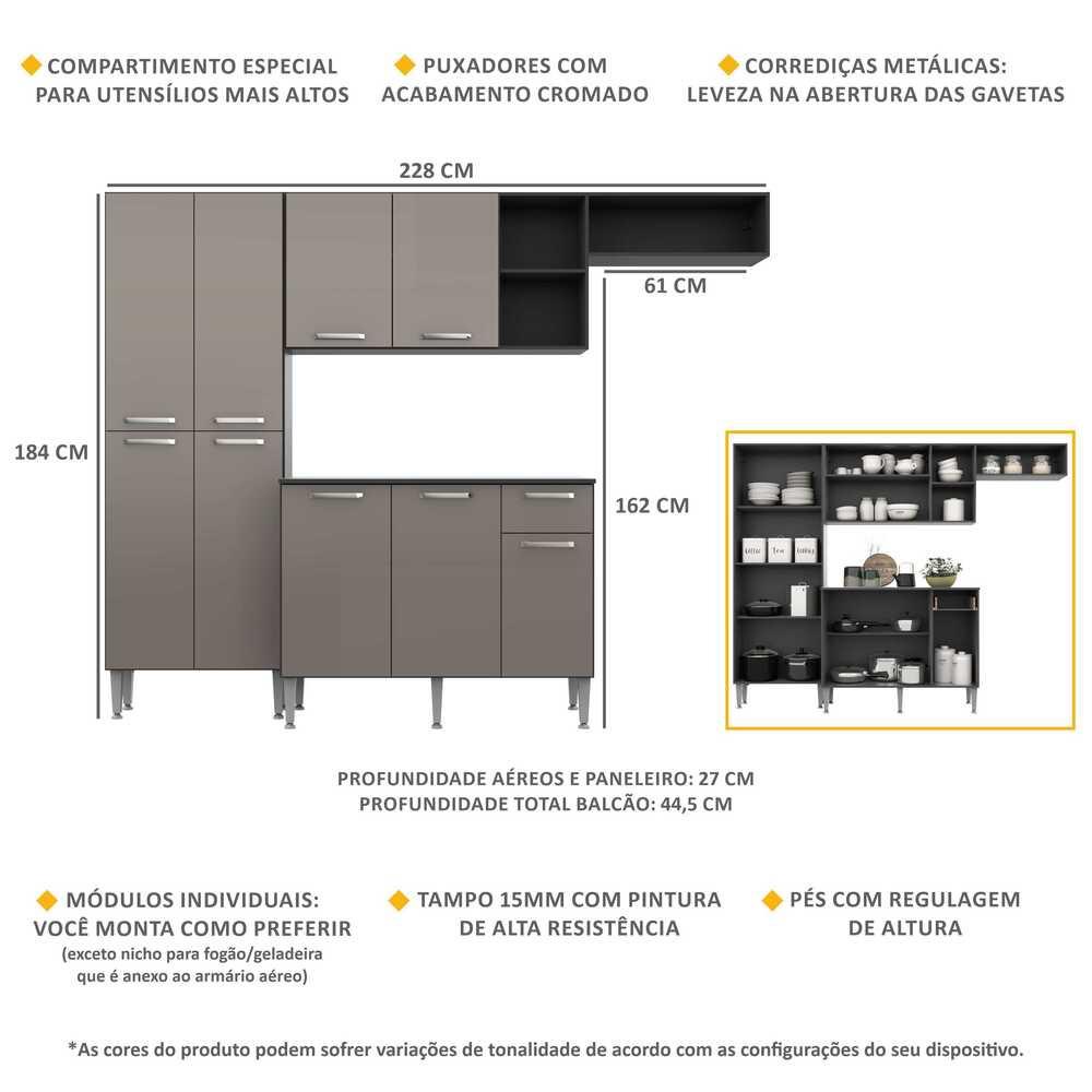 Detalhes do Cozinha Compacta Multimóveis Pequim FG2933 com Armário e Balcão Preta/Lacca Fumê