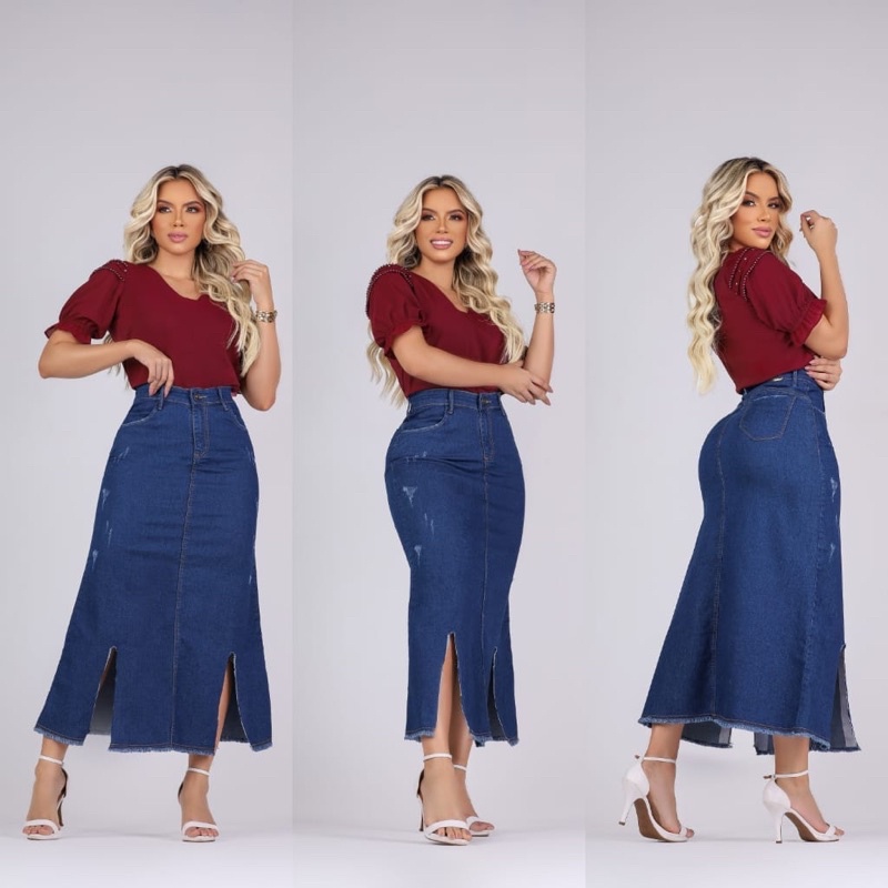 Saia jeans longa/ fenda na frente/ com elastano | Shopee Brasil