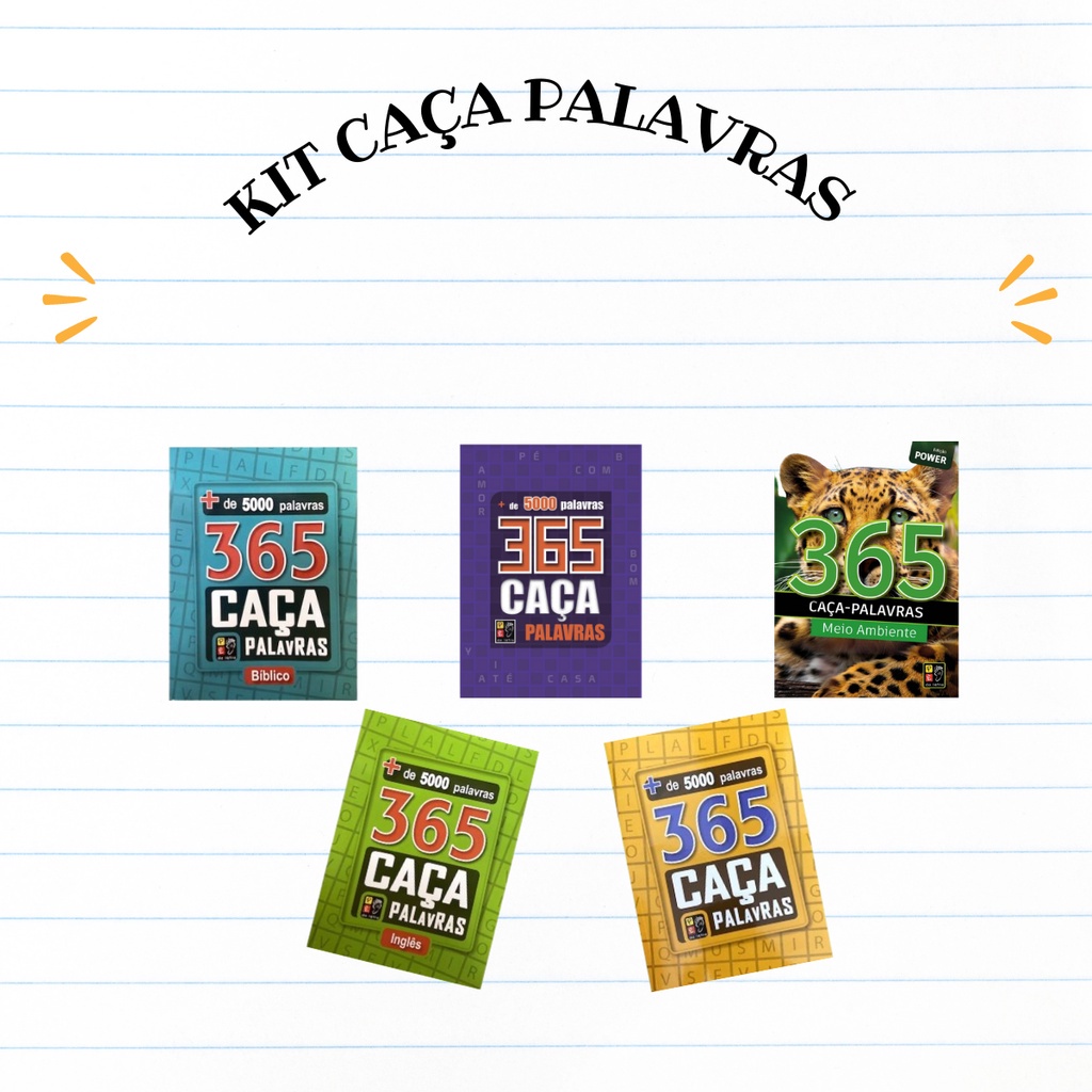 Kit com 5 Livros - 365 Caça Palavras - Roxo + Amarelo + Inglês + Bíblico + Meio Ambiente