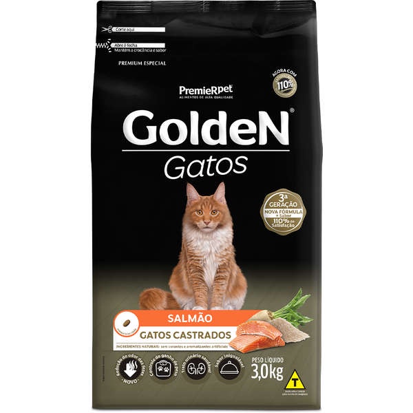 Ração Golden Para Gatos Adultos Castrados Sabor Salmão 3Kg - Pets