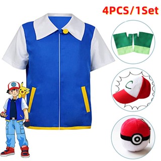 Pokemon Ash Ketchum Adulto Kids Cosplay Fantasia Luvas Chapéu Conjunto Treinador Halloween Moletom