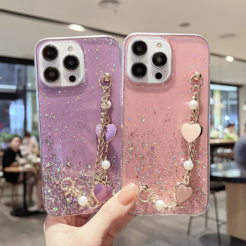 Caixa Samsung Galaxy A04 M52 M53 A73 A53 A13 A23 A33 5G Capa De Silicone Com Glitter Transparente Flexível Pérola De Luxo Traseira Do Telefone Corrente De Amor