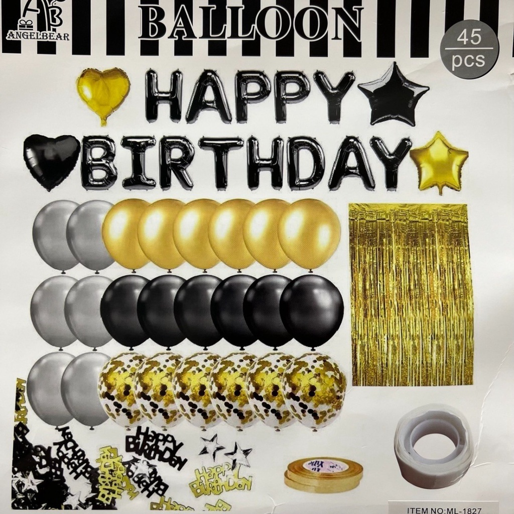 Kit Bexiga Balão Cortina Metalizado Happy Birthday Festa Decoração Aniversario 45pçs - Preto / Dourado