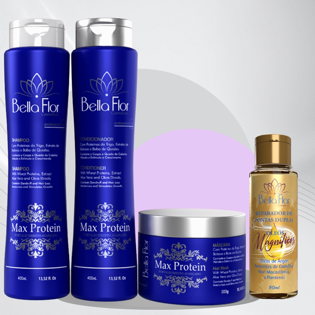 Kit Capilar Max Protein 4 Produtos Shampoo Condicionador Máscara Reparador de Pontas Bella Flor Fortalecimento Brilho