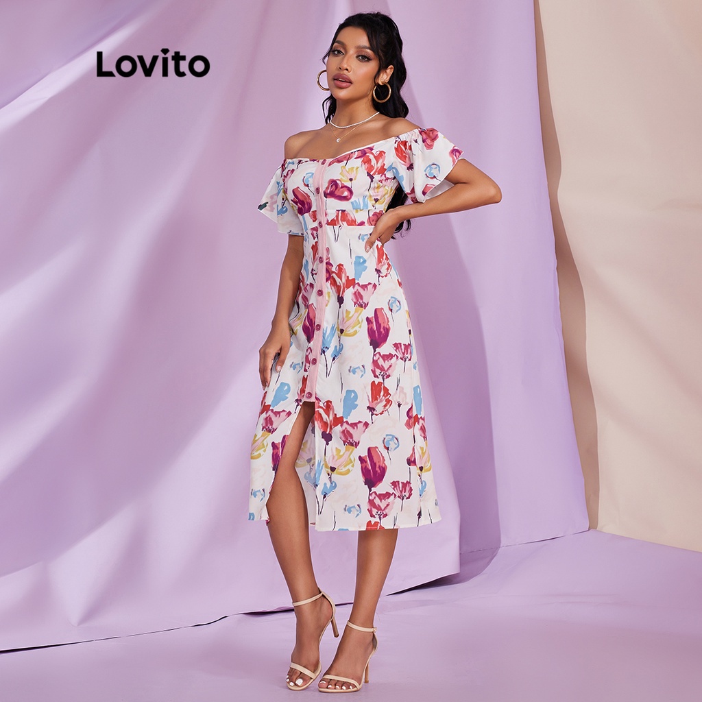 Lovito Vestido Feminino Midi De Festa Elegante Floral Todo Estampado