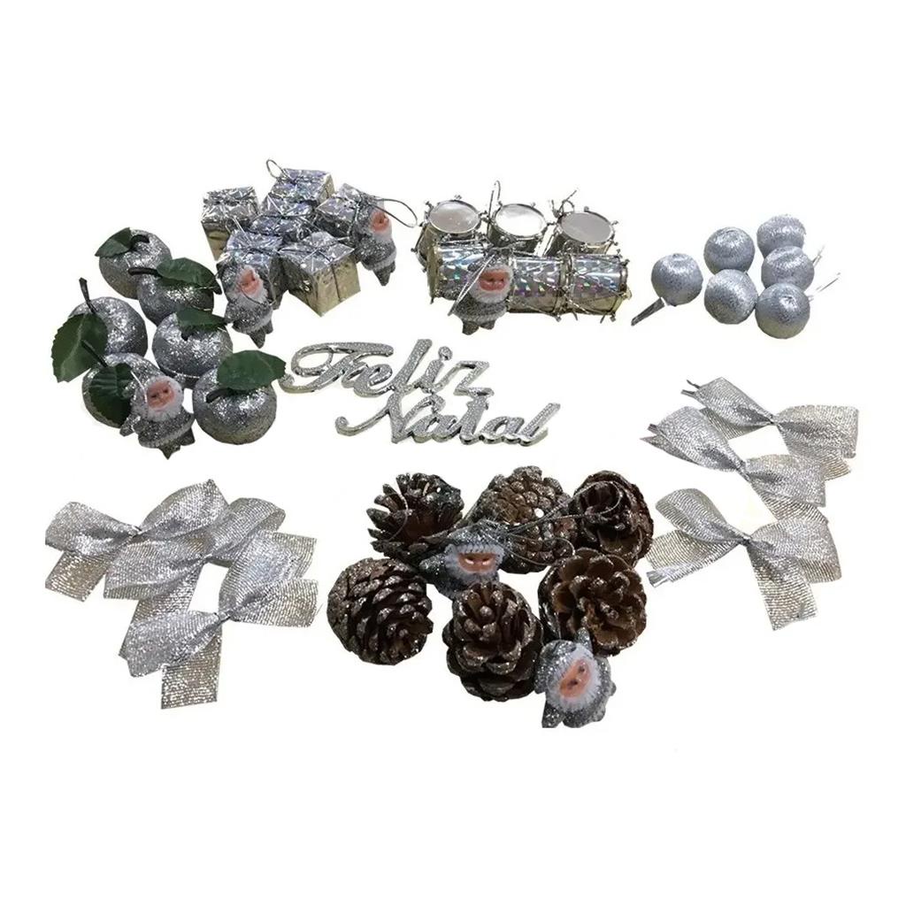 Kit 43 Enfeites Natalino Pendentes Prata Para Arvore Natal Lacos Bolas Caixas de Presentes Papai Noel Macas Tambores Pinha Palavra