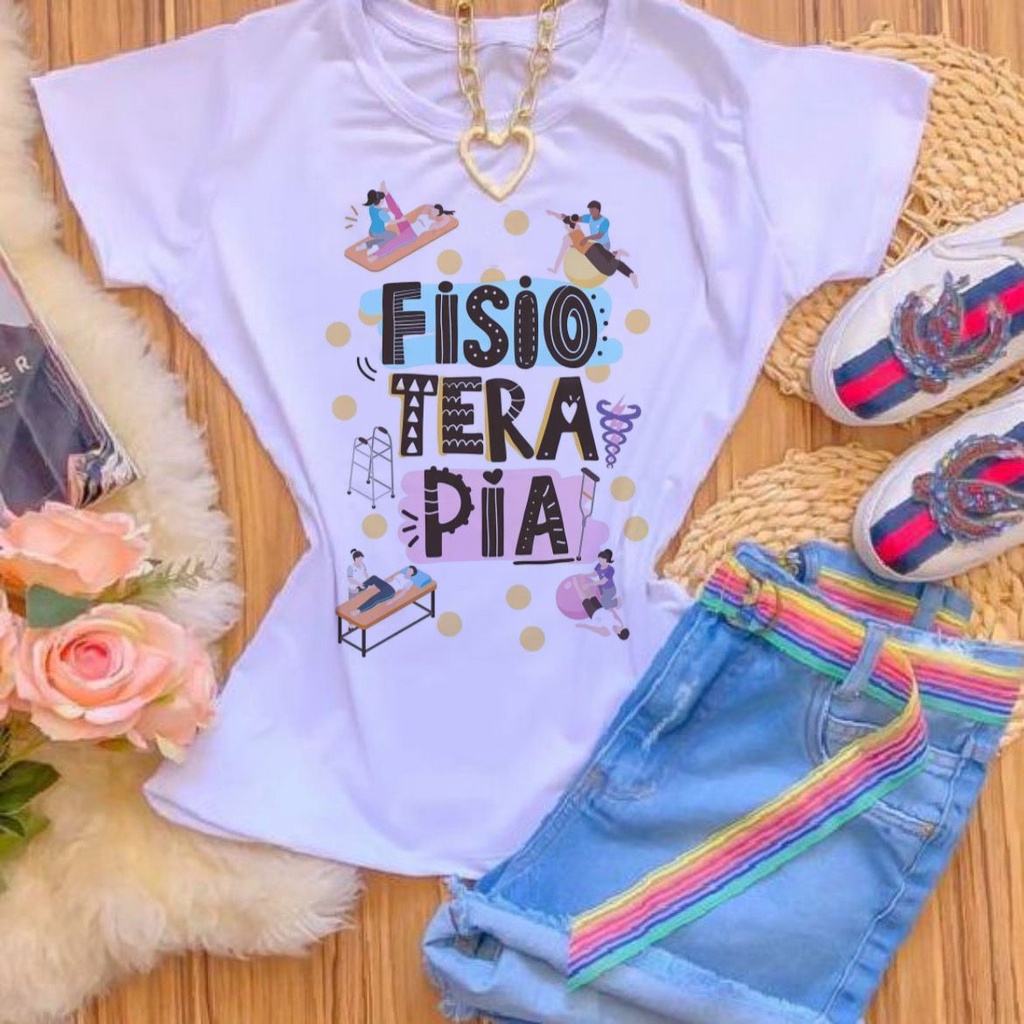 Camisetas Blusas Femininas T-shirts FISIOTERAPIA LETRA PRETA em Oferta na Shopee