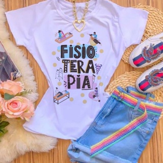 Camisetas Blusas Femininas T-shirts FISIOTERAPIA LETRA PRETA em Oferta na Shopee