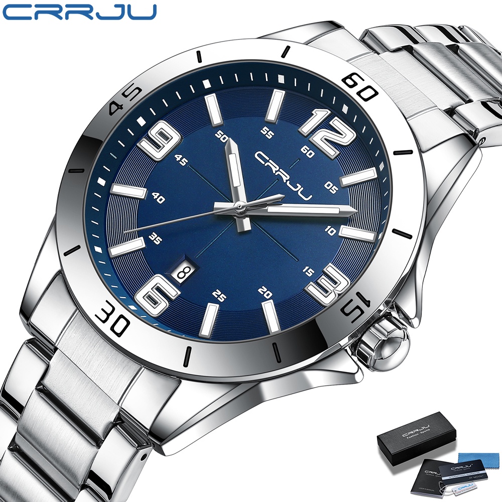 Detalhes do CRRJU Marca Original Relógio Masculino Mãos Luminosas Alta Qualidade Quartzo Impermeável Aço Inoxidável Moda 5003
