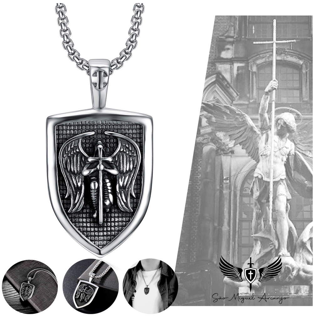 Colar Corrente Cordão Pingente Medalhão Escudo São Miguel Arcanjo Asas Aço Inox Dupla Face Luxo