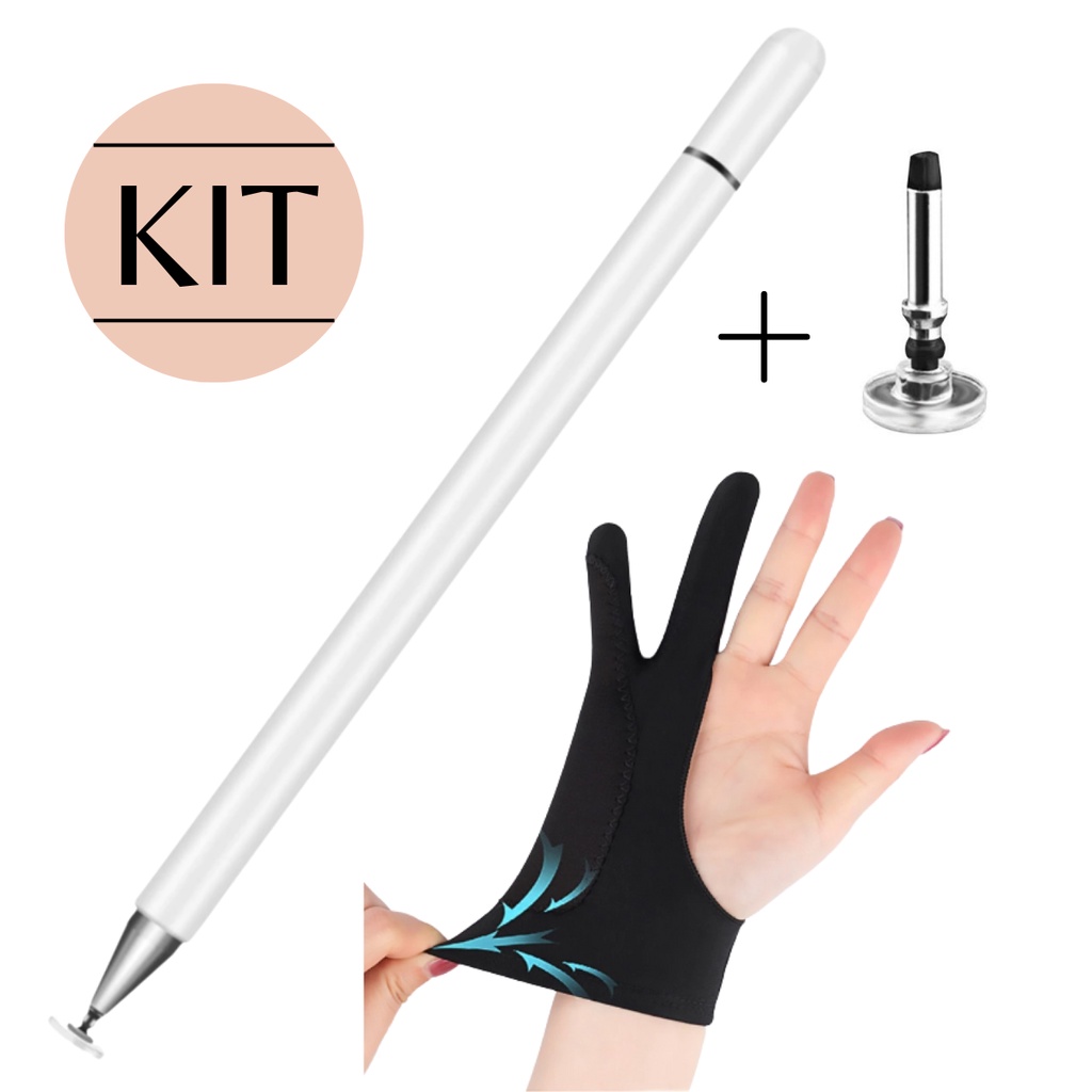 KIT  Caneta Pencil Stylus Touch Screen com Luva Palm Rejection e Ponta Extra Reposição