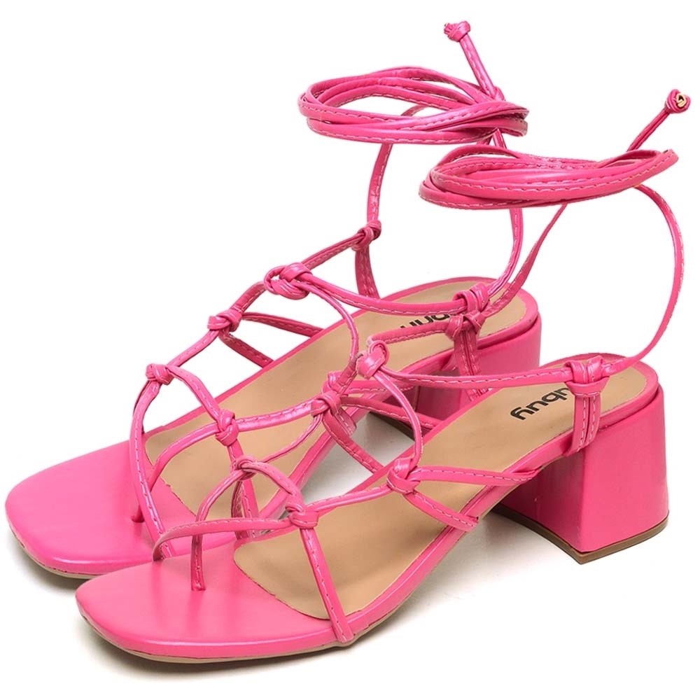 Sandalia Feminina Dubuy Rosa Pink Salto Bloco Com Amarracao Megan 300FG
