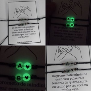 Pulseira de casal inicial + coração que brilha no escuro promessa de mindinho