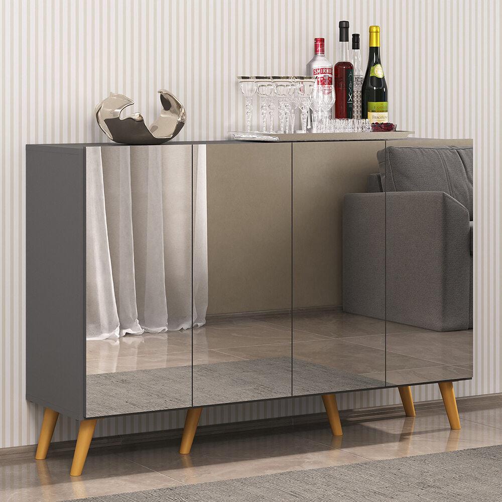 Aparador Buffet 4 portas com Espelho e Pés Retrô Vegas Multimóveis Grafite/Natural em Oferta na Shopee