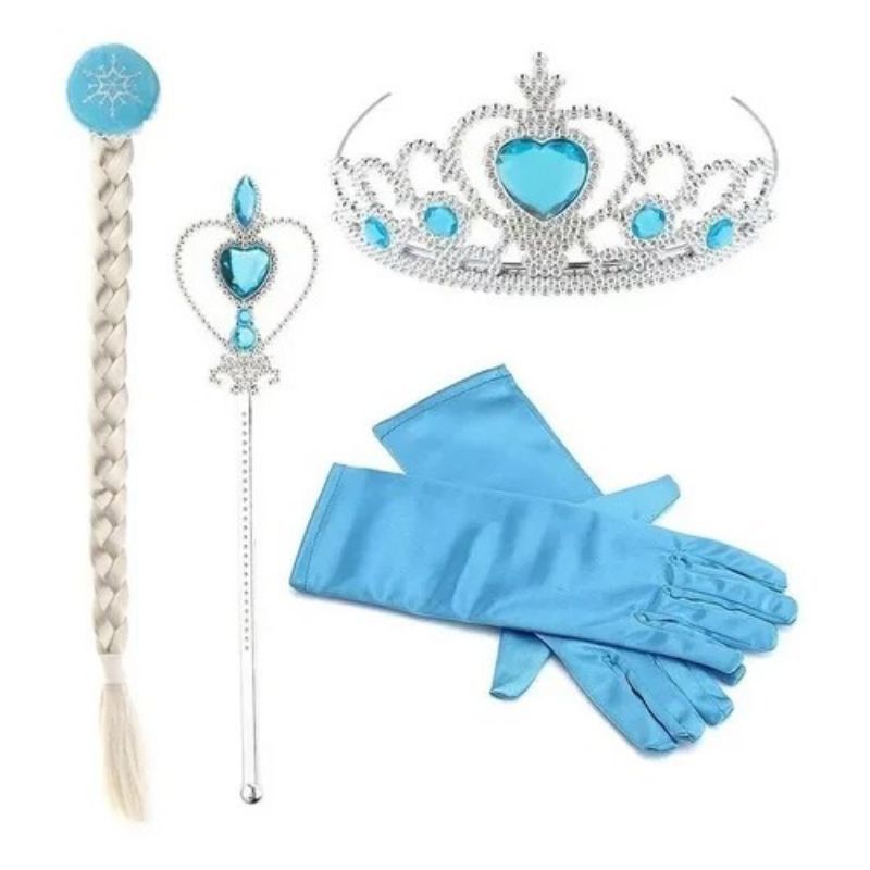 Kit Frozen Elsa Acessórios C/ Trança, Luvas, Coroa E Varinha Cor Azul