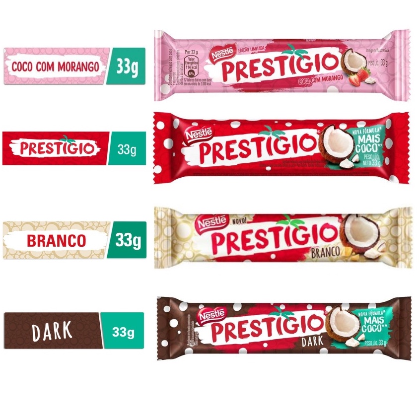 Chocolate Prestígio Sabor Coco com Morango Ao Leite Branco e Dark 33g