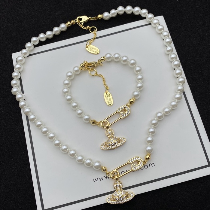 Vivienne Westwood feminina conjunto pulseira e colar de perola alfinete joias vintage T020