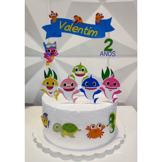 Topper Topo Decoração Bolo Personalizado Baby Shark Menino + Nome e Idade