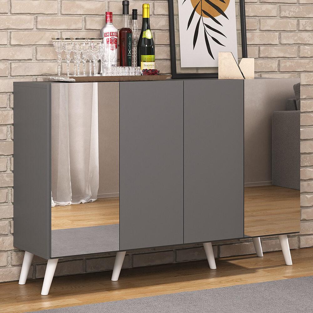 Aparador Buffet com Espelho e Pés Retrô Vegas Multimóveis Grafite/Branco em Oferta na Shopee