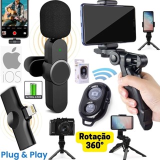 Kit Microfone Lapela Sem Fio iPhone Suporte Celular Tripé Estabilizador Gravação