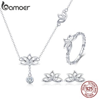 Bamoer 925 Sterling Silver Jewelry Set Ring Brincos E Colar Padrão De Lótus Para Meninas Presentes