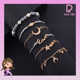 Conjunto 6 Peças Pulseira Feminina De Lua / Estrela / Ouro Com Borla / Corrente | 6 Pcs/ Set Gold Star Moon Bracelet Set Women Tassel Chain Jewelry